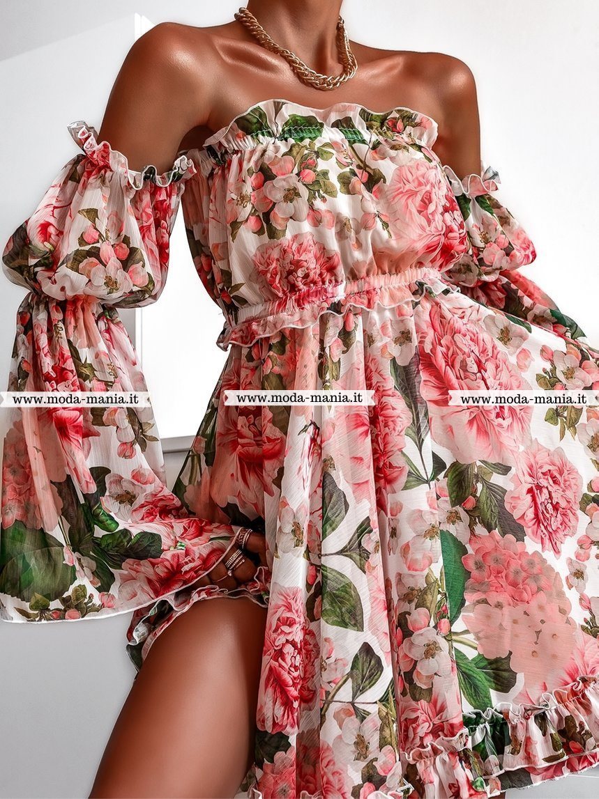 Abito estivo Moda-Mania a fantasia floreale verde e rossa, maniche lunghe larghe e apertura sul dietro, abito corto elegante.