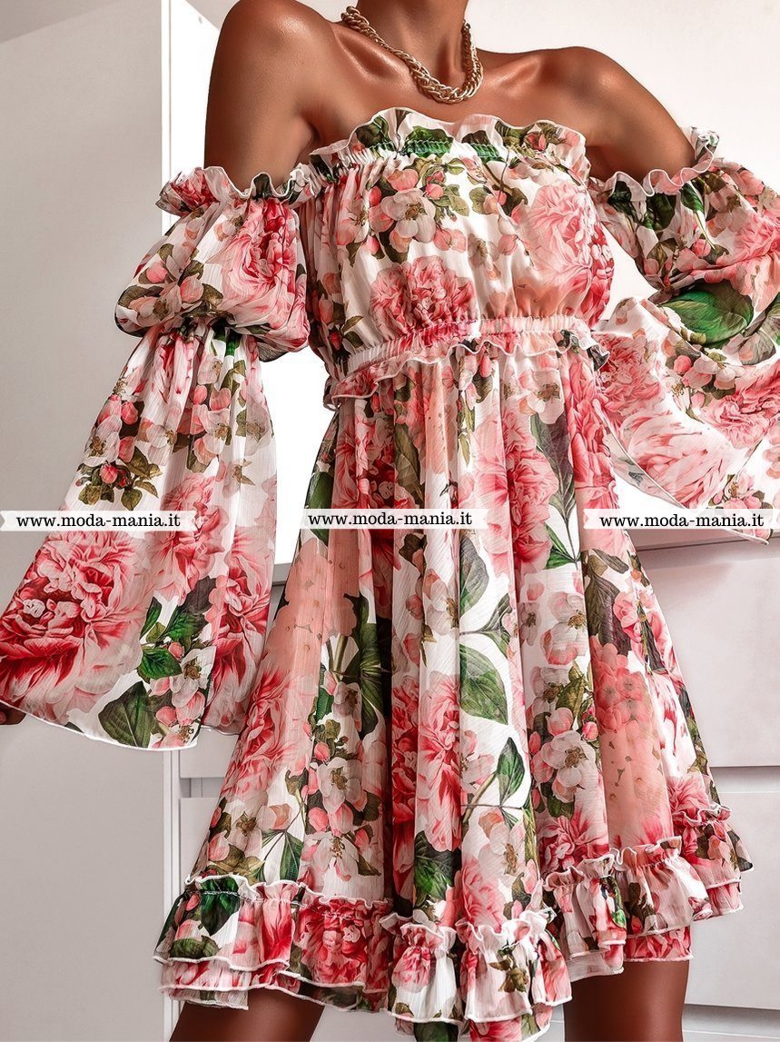 Abito estivo corto Moda-Mania con fantasia floreale verde e rossa, apertura sul retro e maniche lunghe larghe.