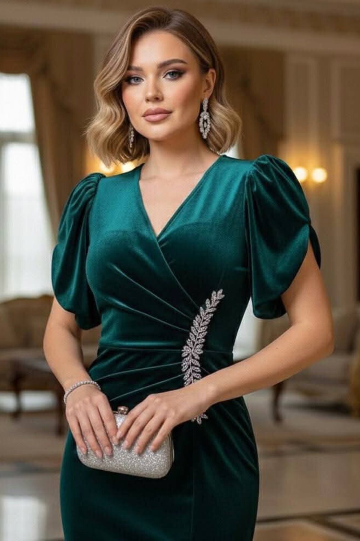 Abito aderente verde smeraldo lungo alla caviglia in velluto con scollo a V con spacco laterale e accessorio in cristalli