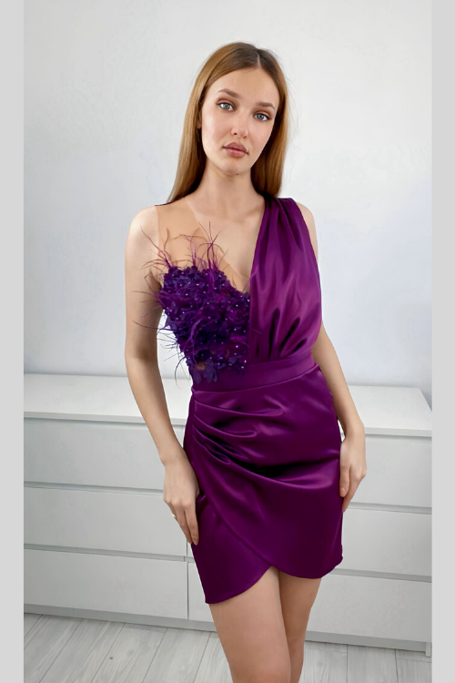 Abito corto viola prugna Moda-Mania con corpetto a fiori 3D e gonna a tulipano in taffetà, stile elegante e femminile