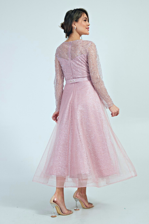 Abito da cerimonia midi Moda-Mania in tulle lamè e chiffon rosa con corpetto decorato con brillantini e perle strass.