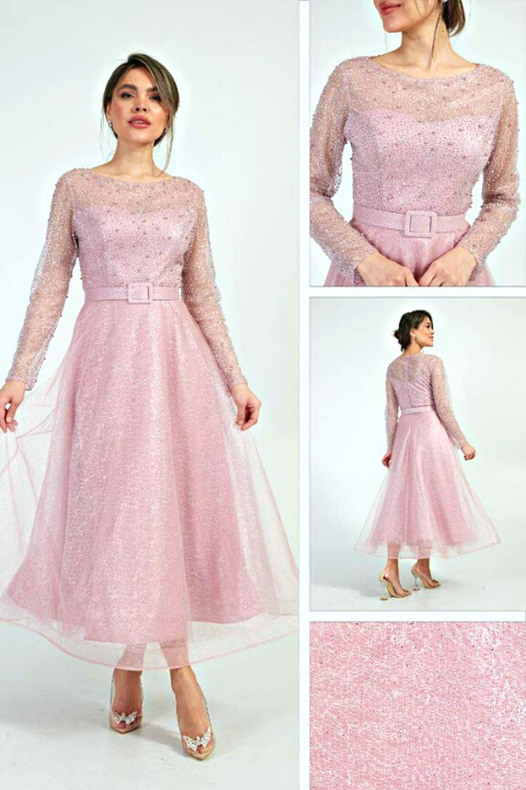 Abito da cerimonia midi rosa Moda-Mania in tulle lamè e chiffon con corpetto decorato di brillantini e perle strass.