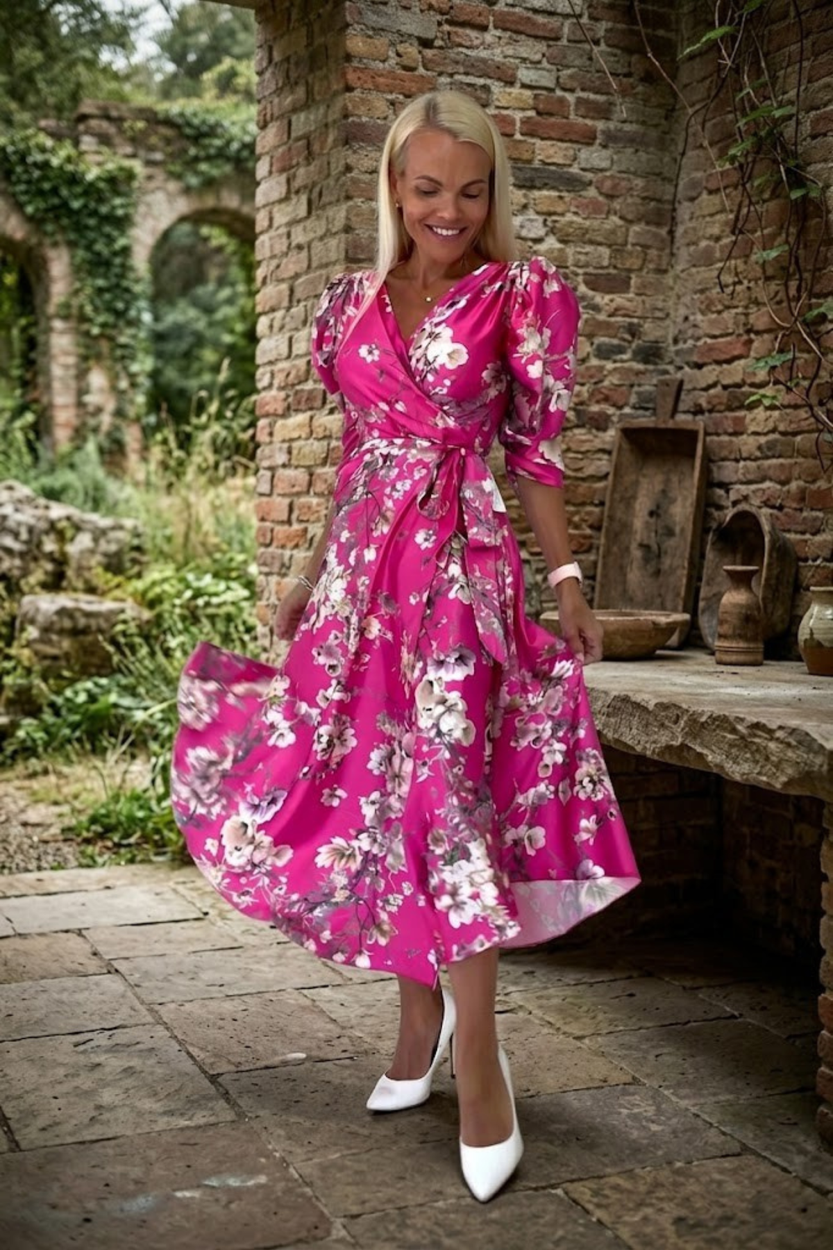 Abito midi fucsia svasato con fantasia floreale, maniche a sbuffo e cinturino in vita, firmato Moda-Mania.