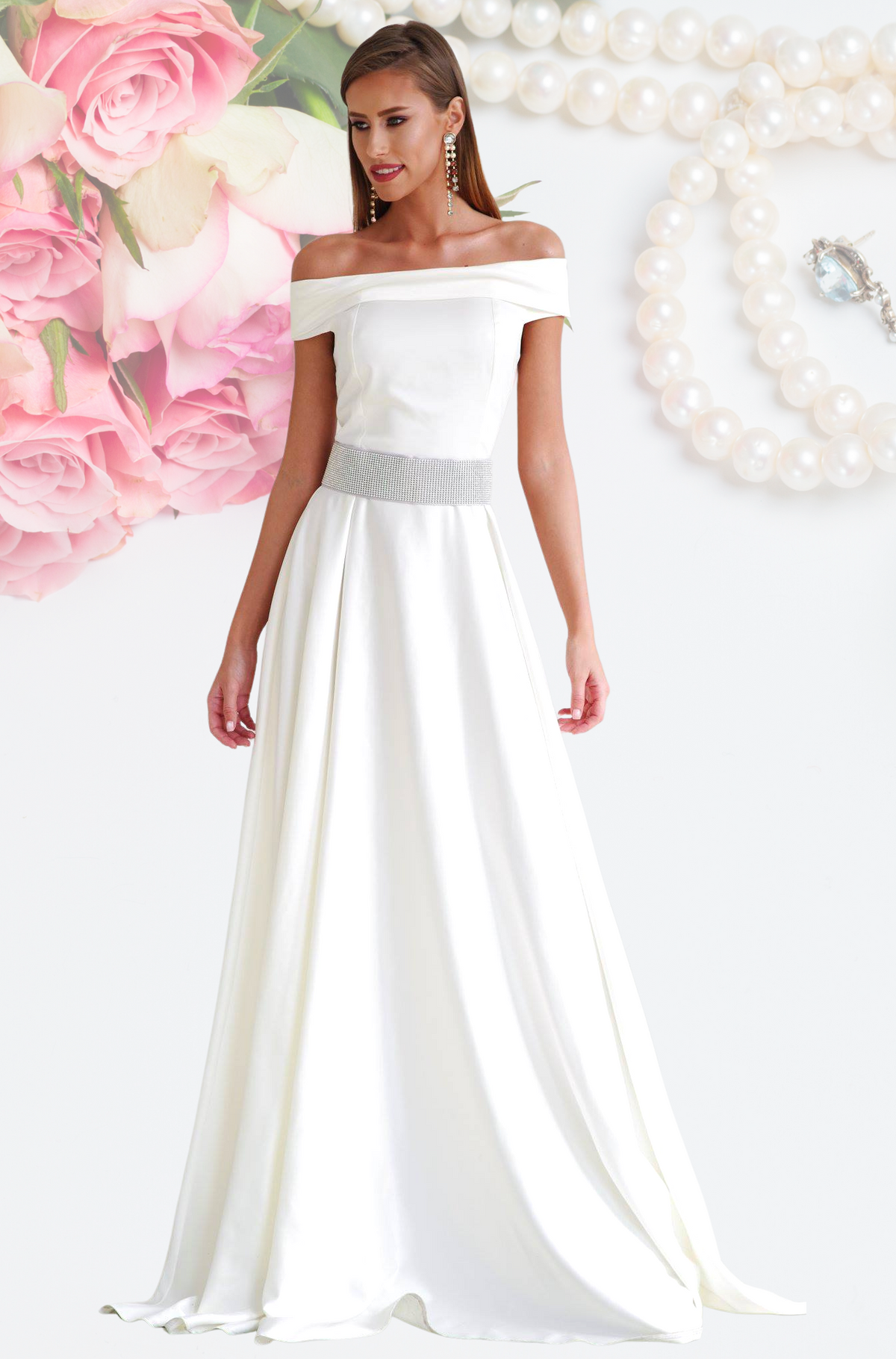 Abito lungo bianco-avorio Artista con scollatura a barchetta e cintura con strass rimovibile, vestito elegante da sera.