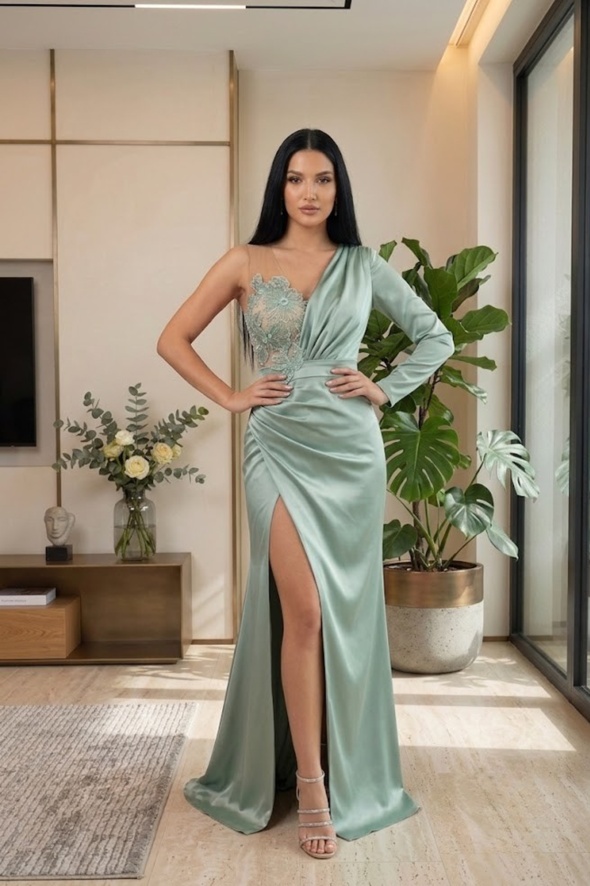 Abito lungo colore verde menta monomaniaca Axa con gonna a tulipano in taffetà