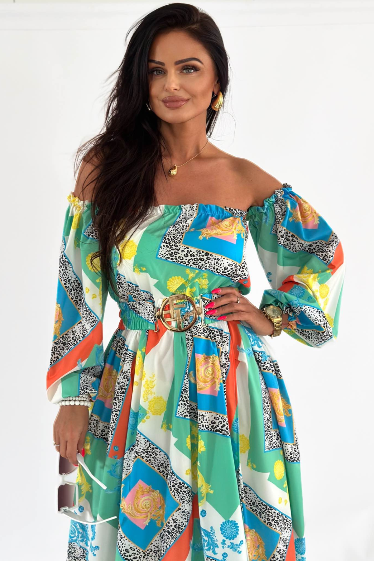 Abito lungo estivo multicolore Moda-Mania con spacco, maniche rimovibili e cintura elasticizzata, perfetto per la stagione calda.