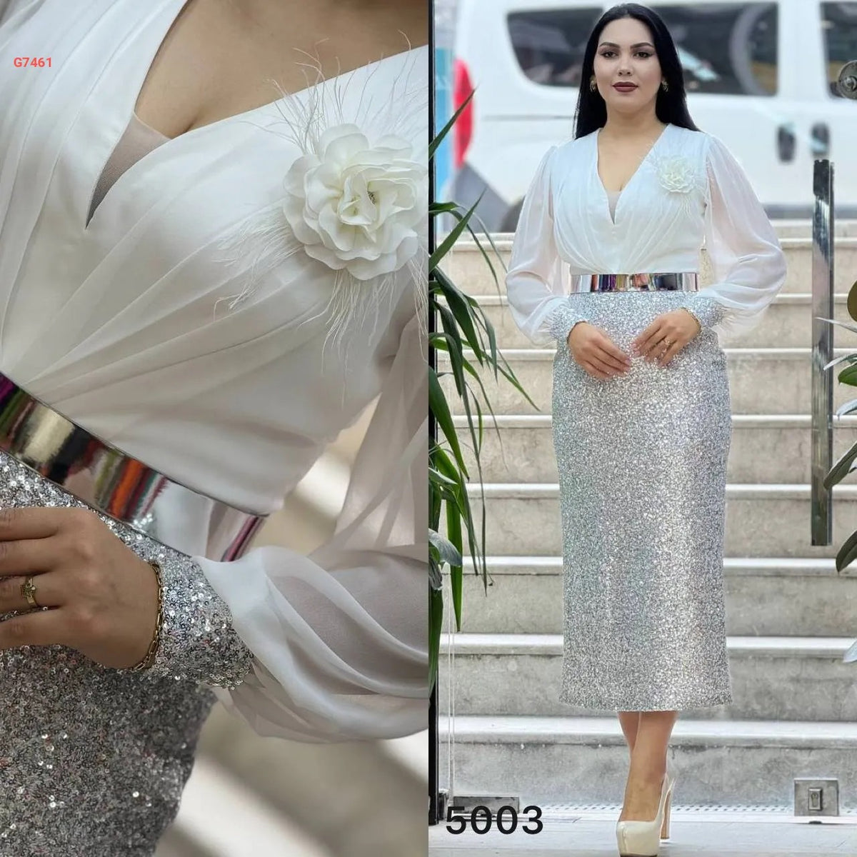 Abito midi Moda-Mania con corpetto bianco in georgette e gonna argento in paillettes con cintura, elegante e raffinato.