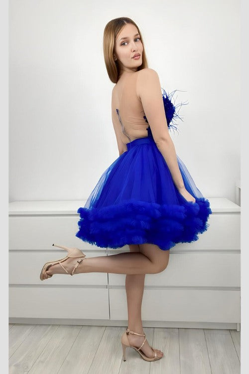 Abito princess blu elettrico in tulle con corpetto a fiori 3d e piume decorative