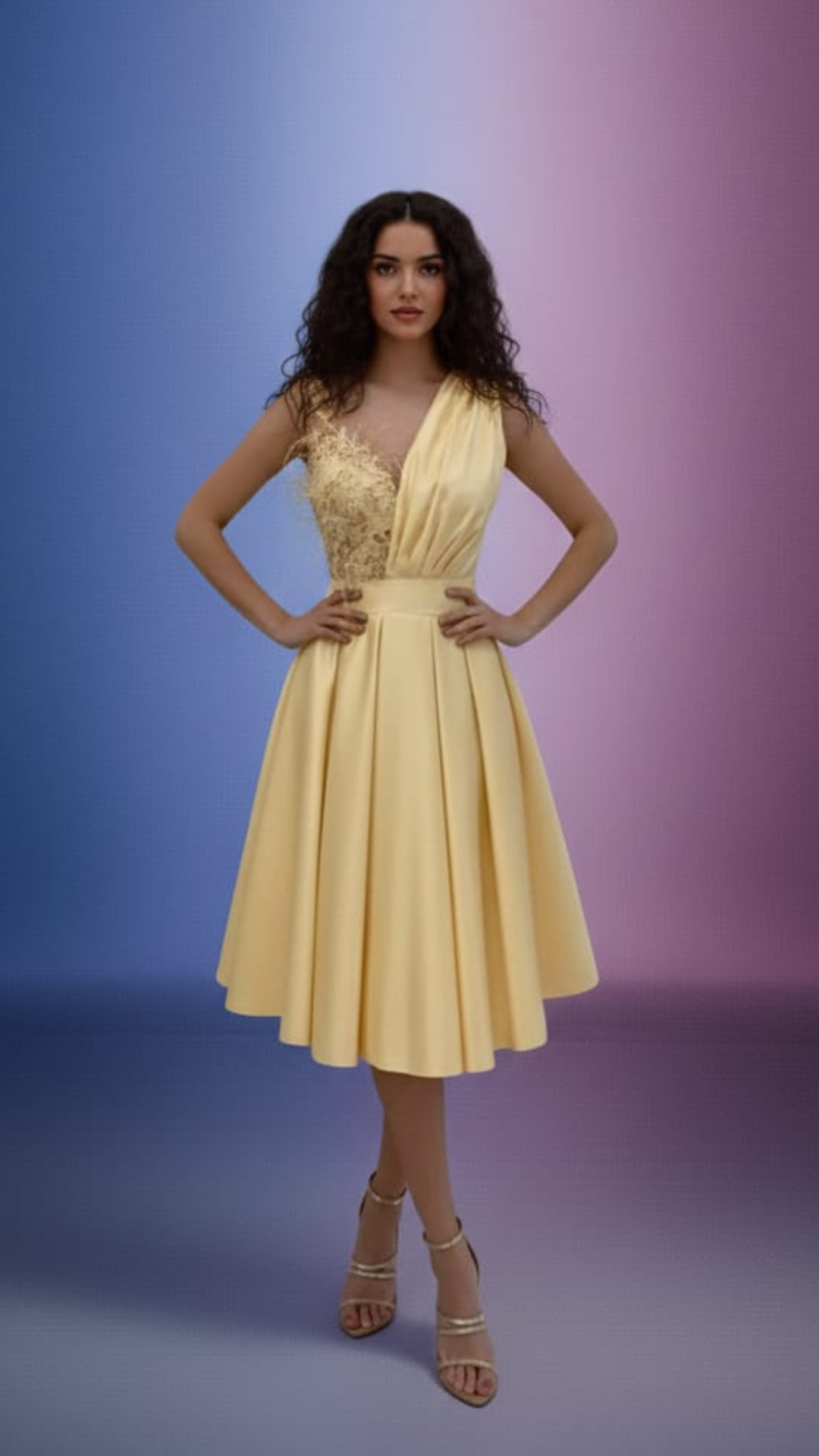 Abito svasato giallo midi Moda-Mania con corpetto floreale e dettagli di piume decorative, ideale per occasioni eleganti.