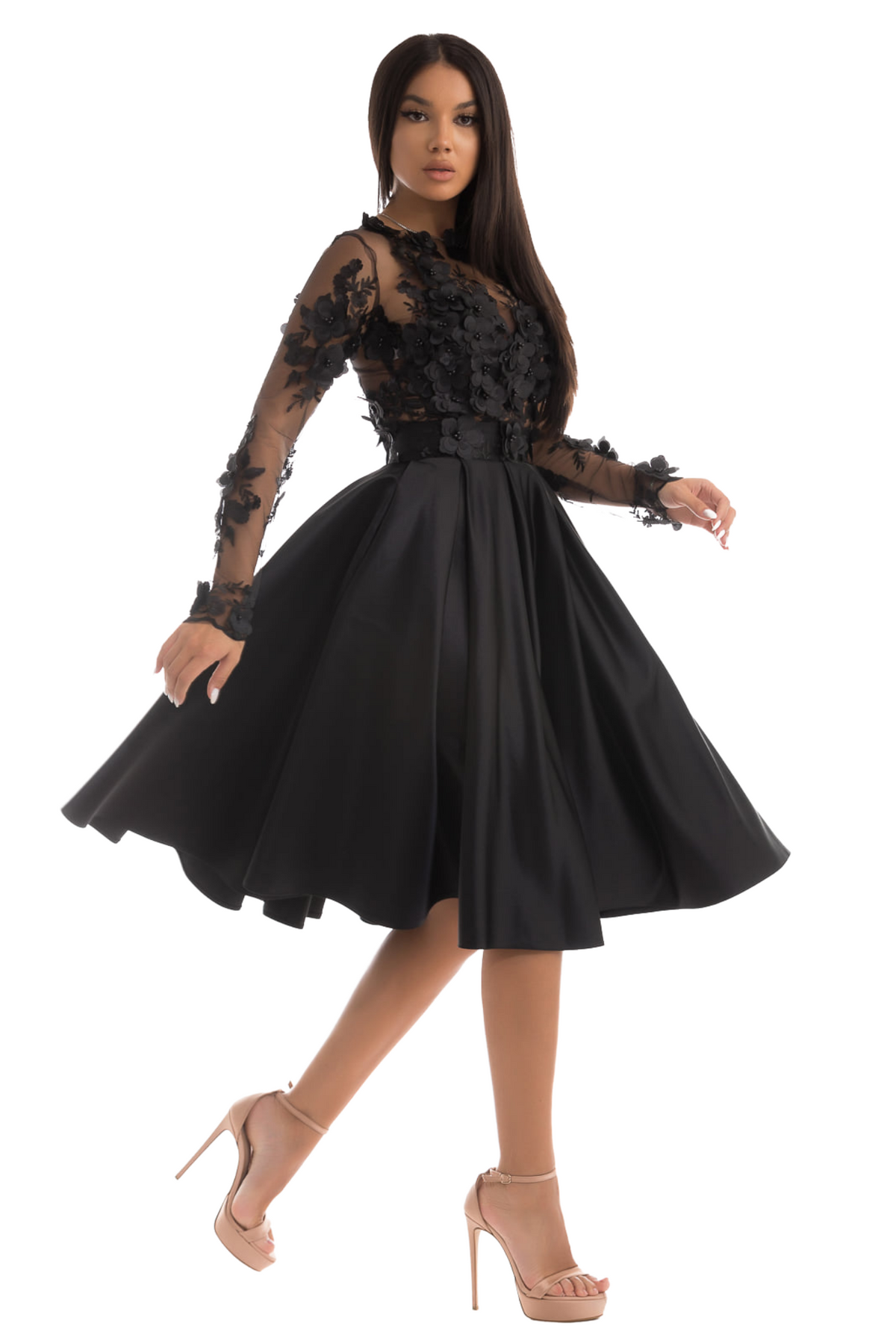 Abito corto nero svasato Moda-Mania con corpetto in tulle 3D floreale e gonna in taffetà, maniche lunghe, stile elegante.