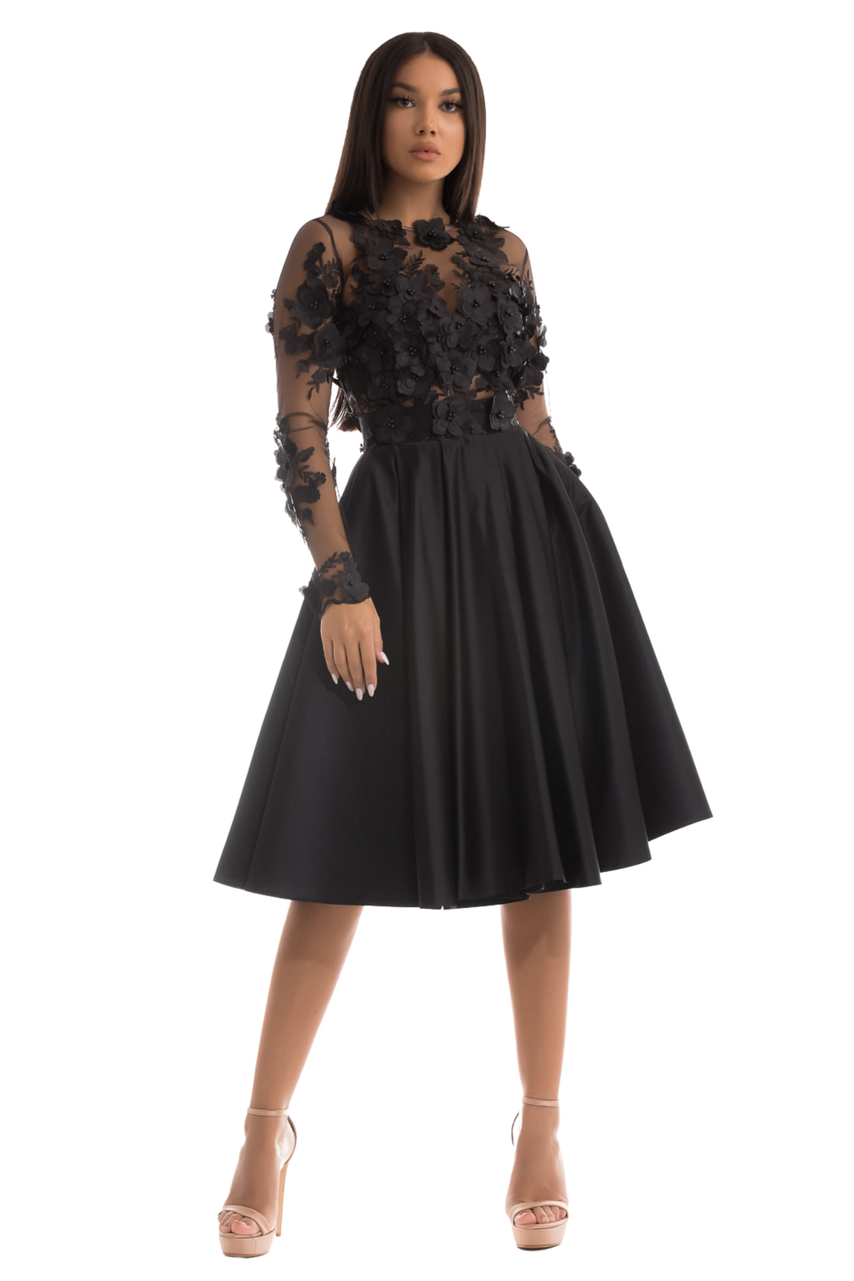 Abito tre quarti svasato nero Moda-Mania con corpetto in tulle floreale 3D e gonna in taffetà, maniche lunghe e stile elegante.