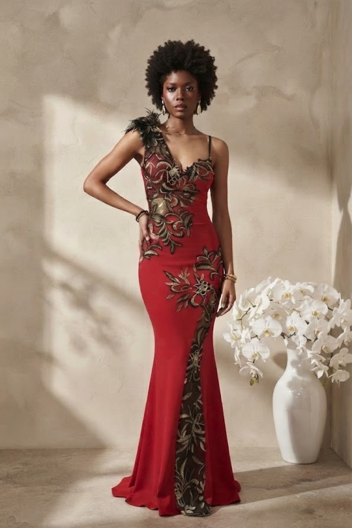Abito lungo a sirena rosso Chanttal con inserto in tulle ricamato e piume decorative, visibile nella foto.