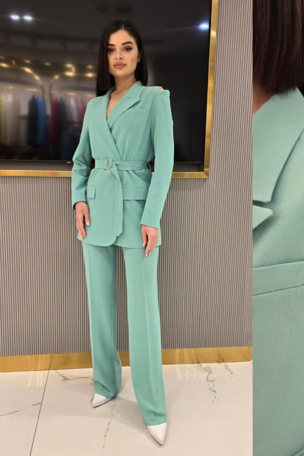 Completo tailleur elegante verde acqua giacca lunghezza fianchi con cintura e pantaloni larghi a palazzo