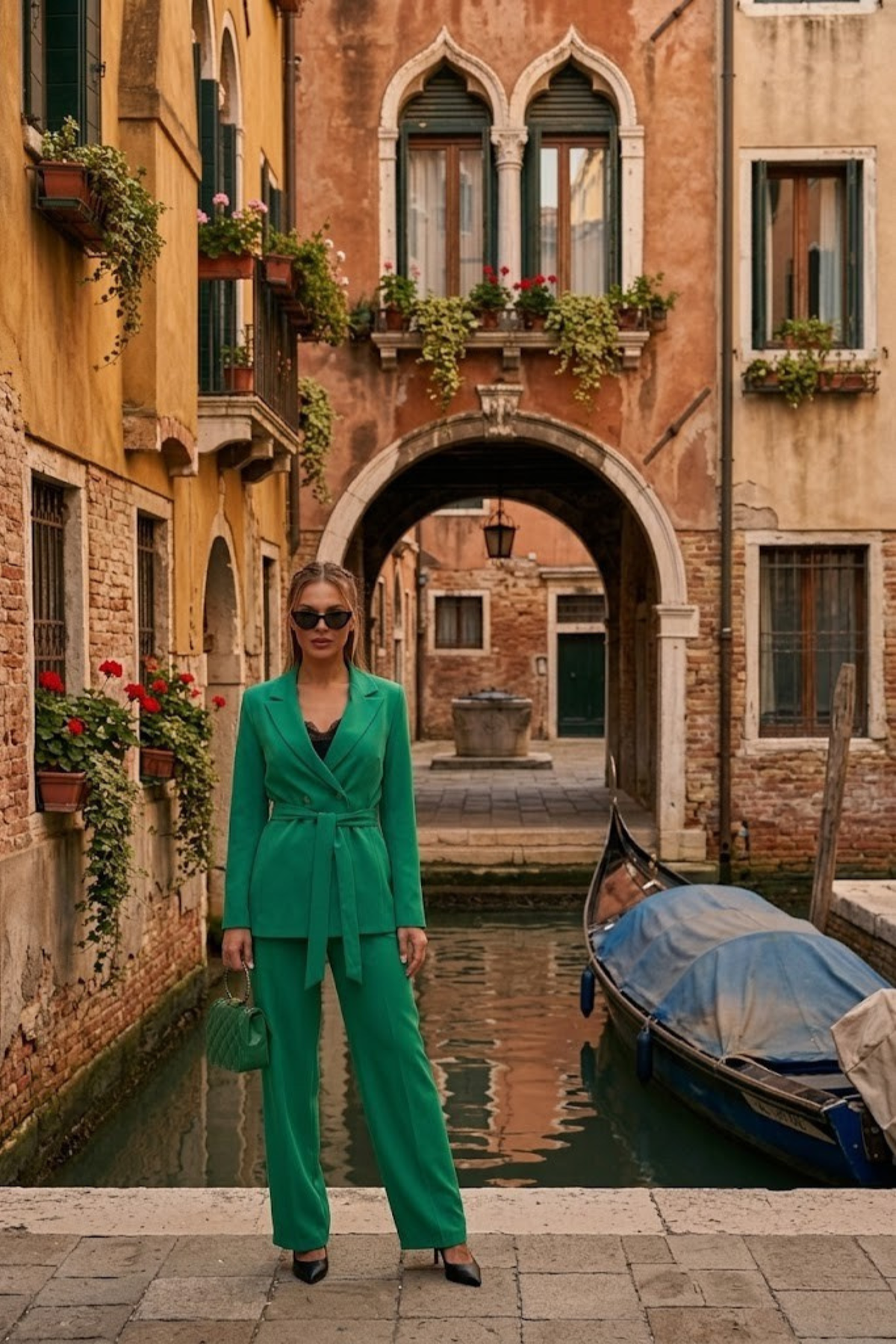 Completo tailleur verde Moda-Mania con giacca doppiopetto, cintura allacciabile e pantaloni larghi, stile elegante e moderno.