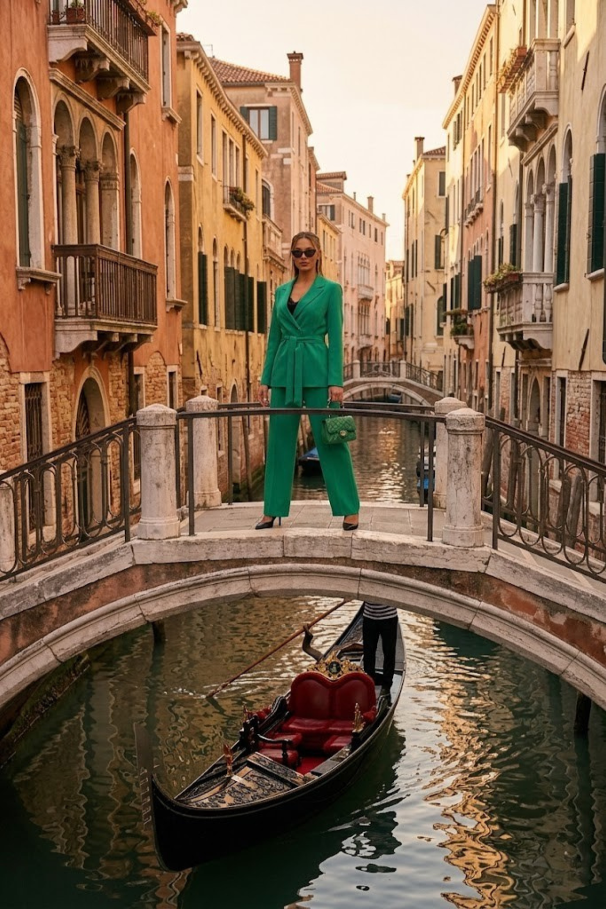 Completo tailleur verde Moda-Mania con giacca doppiopetto, cintura allacciabile e pantaloni larghi, stile elegante e moderno.