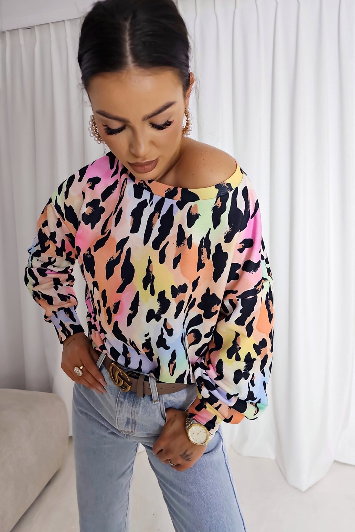 Felpa casual a stampa maculata multicolore con maniche lunghe e polsini, maglia di Moda-Mania, capospalla comodo e stiloso.