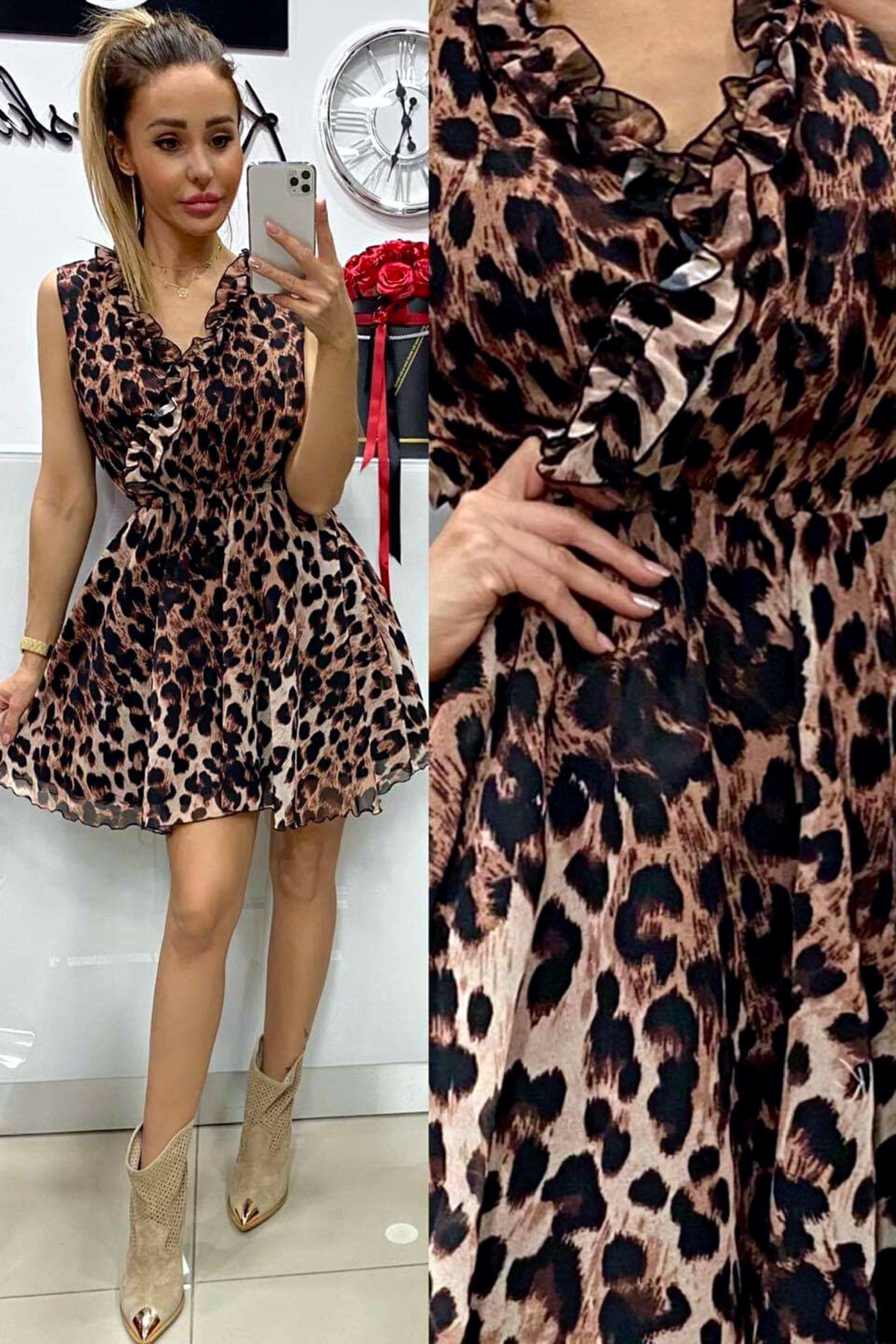 Abito estivo casual Moda Mania, corto con fantasia leopardata, scollo a V e dettagli di rouches, perfetto per look estivi.