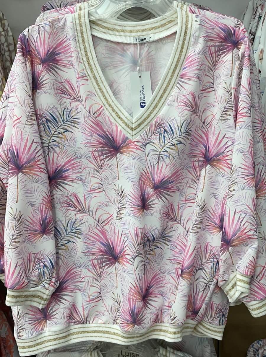 Blusa casual Moda-Mania a fantasia tropicale con maniche tre quarti, scollo a V e polsini elasticizzati, stile estivo e alla moda.