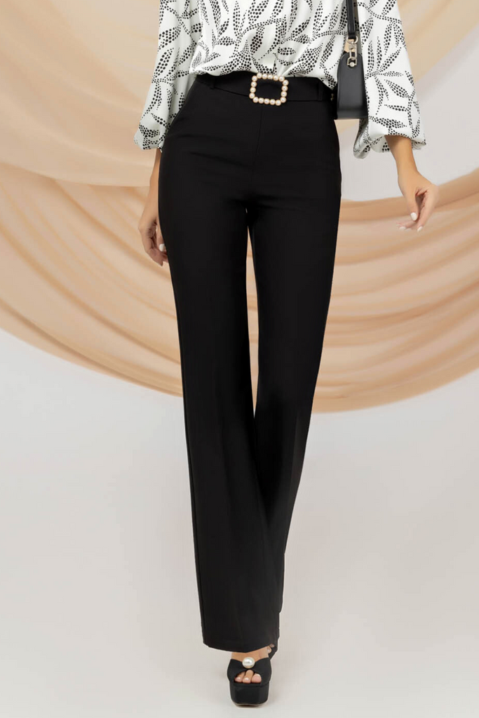 Pantaloni eleganti neri a gamba larga Pretty Girl con cintura rimovibile accessoriata con fibbia gioiello
