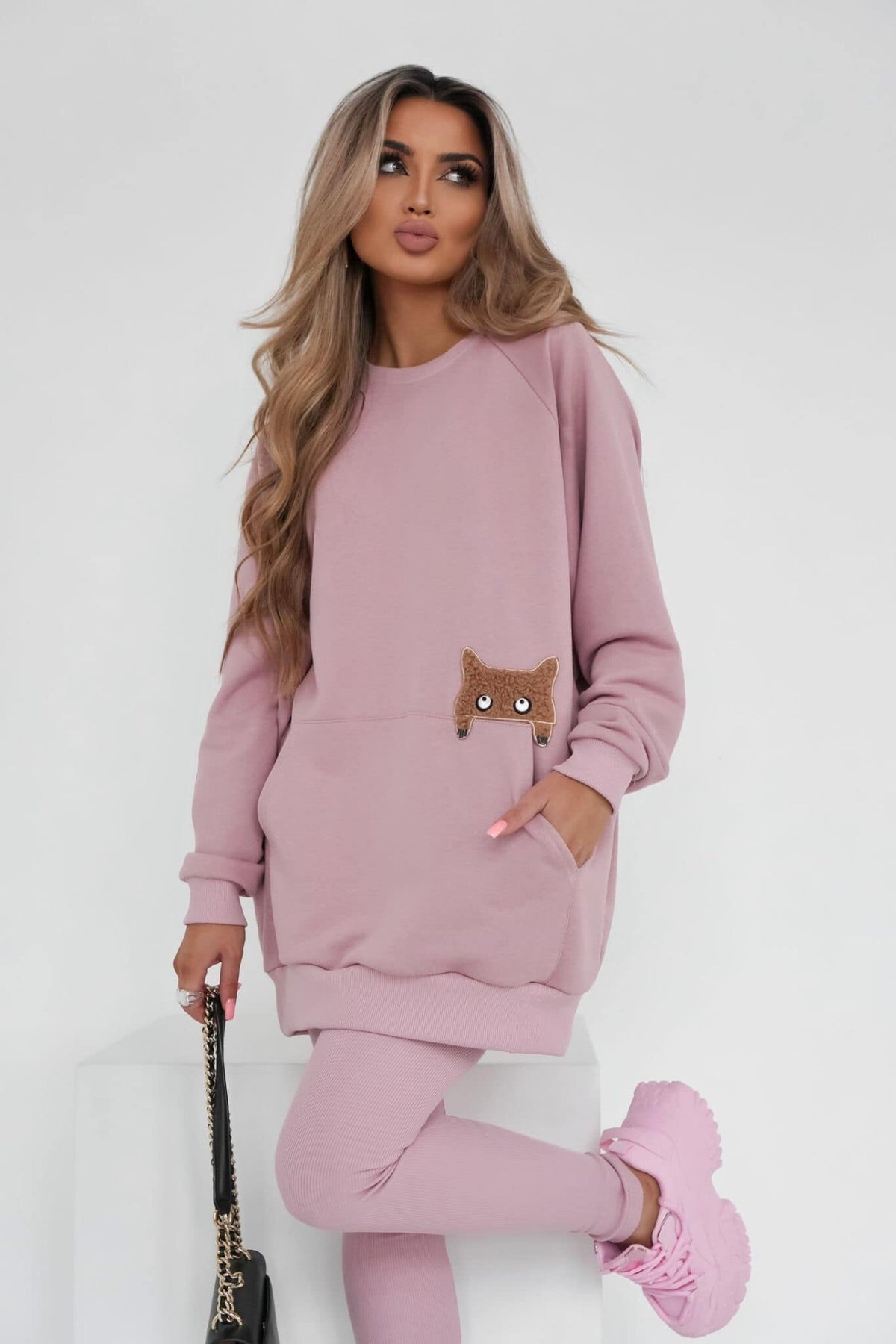 Set rosa Moda-Mania con maxi felpa in cotone con applicazione gatto effetto pelo beige e leggings a costine per bambino