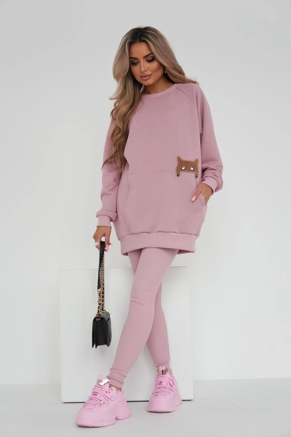 Set rosa Moda-Mania con maxi felpa in cotone con applicazione gatto effetto pelo beige e leggings a costine.