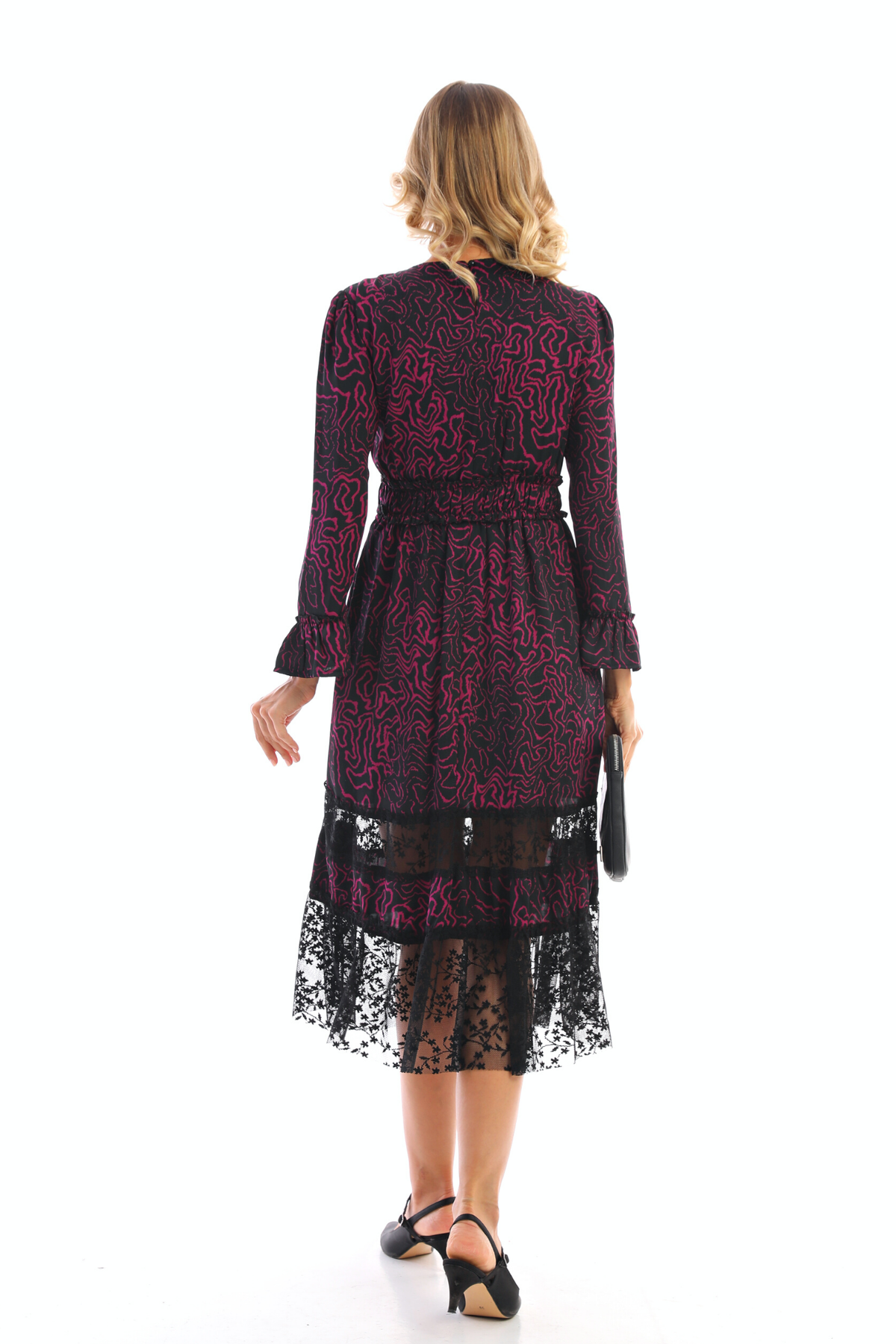 Abito midi svasato midi nero a fantasia magenta con inserto in tulle floreale
