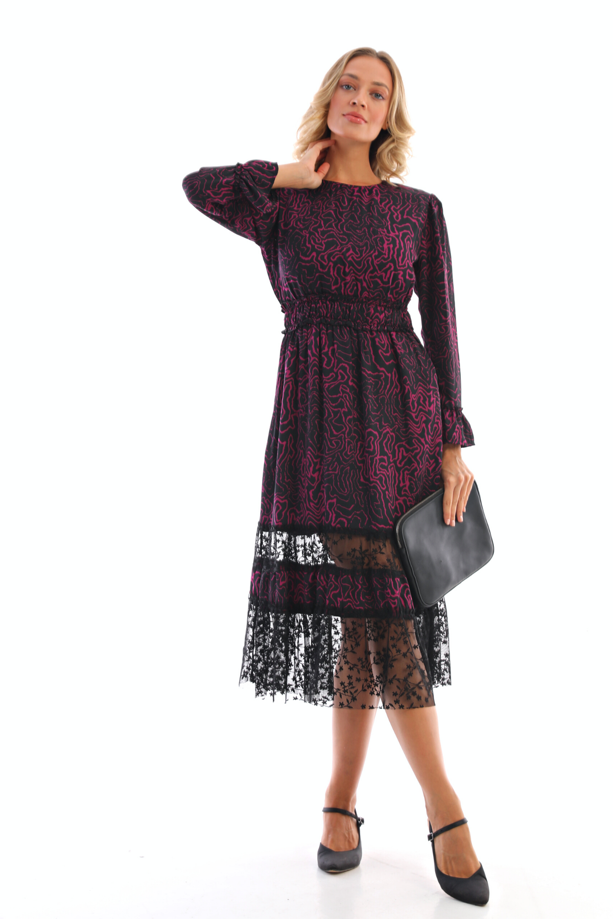 Abito midi svasato midi nero a fantasia magenta con inserto in tulle floreale