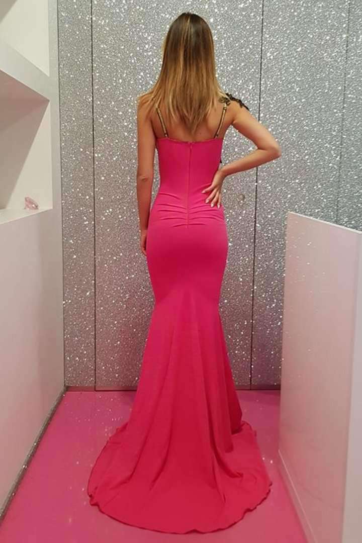 Abito lungo fucsia- modello a sirena - ricami floreali neri dorati - Chanttal