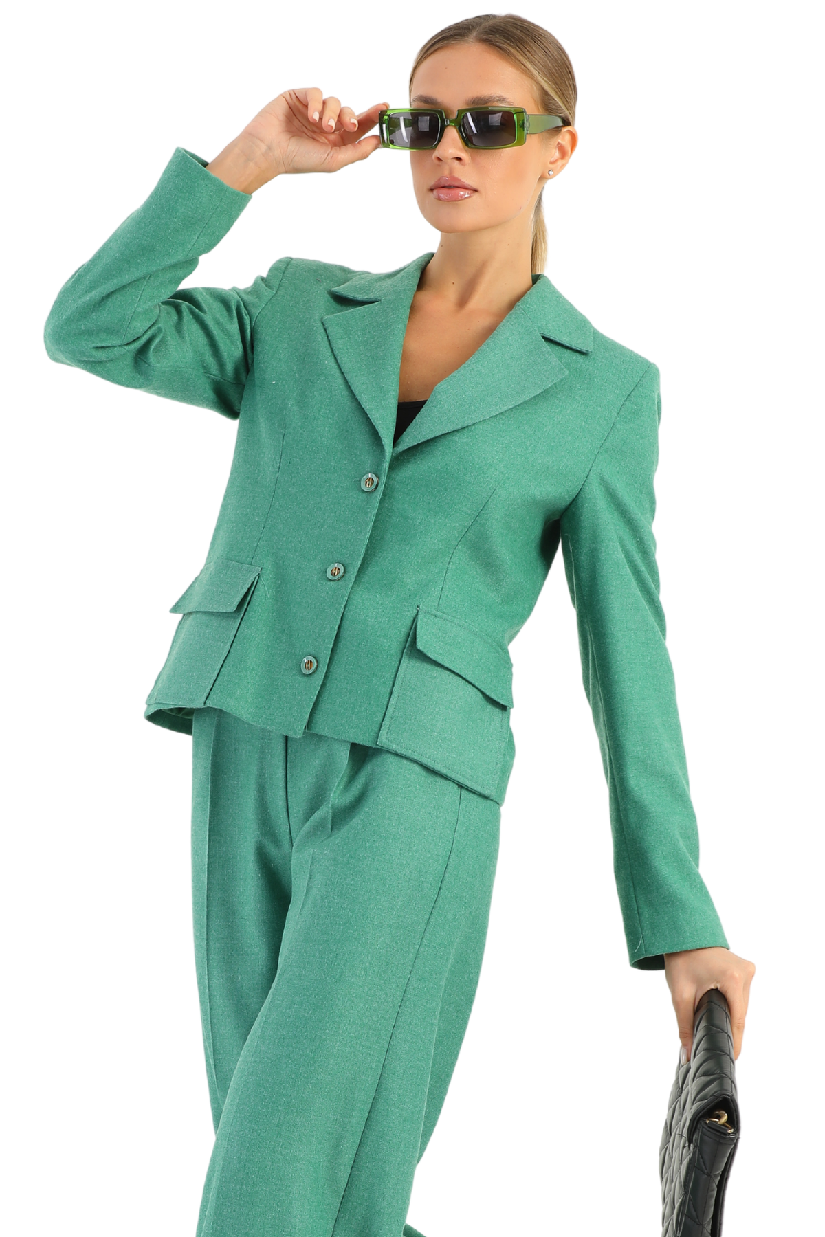 Completo tailleur verde chiaro Moda-Mania con giacca corta con tasche e pantaloni larghi, stile elegante e alla moda.