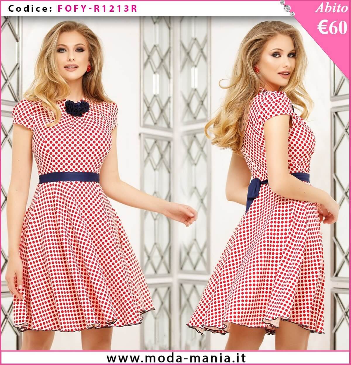 Abito svasato bianco Fofy con pois rossi, cintura, decorazioni floreali blu notte e fantasia a pois, abiti corti femminili.