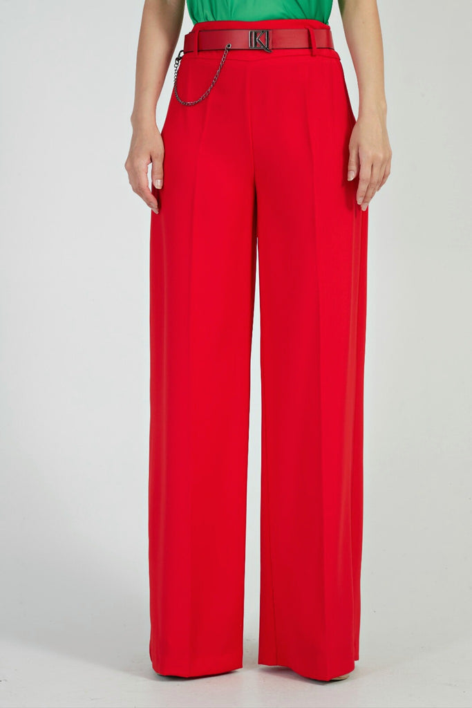 Pantaloni rosso corallo a gamba larga e vita accessoriata con cintura