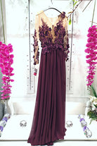 Abito lungo viola prugna Moda-Mania con strascico, corpetto in tulle nude a fiori 3D, elegante vestito da sera femminile.