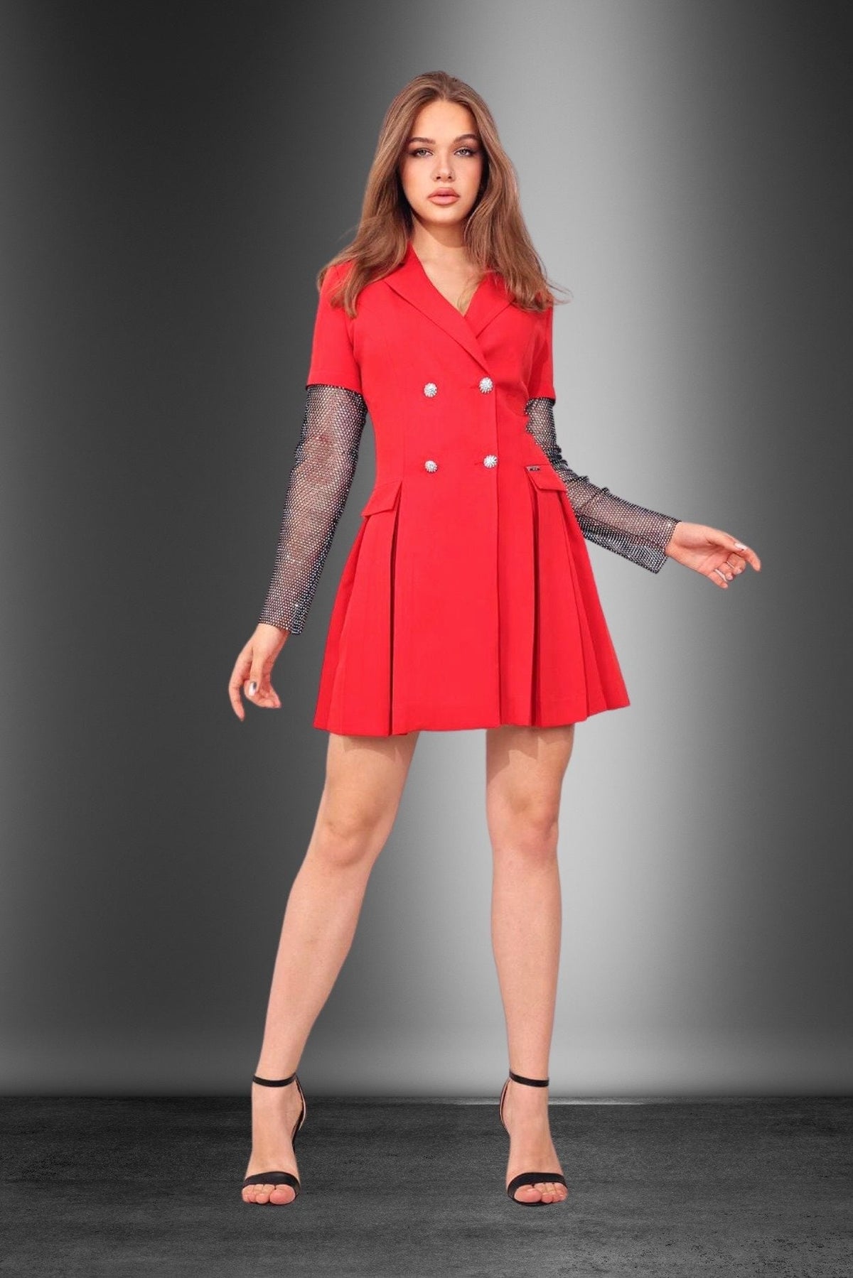 Abito blazer rosso Moda-Mania, doppiopetto con maniche in rete e dettagli in strass, abbigliamento elegante e alla moda.