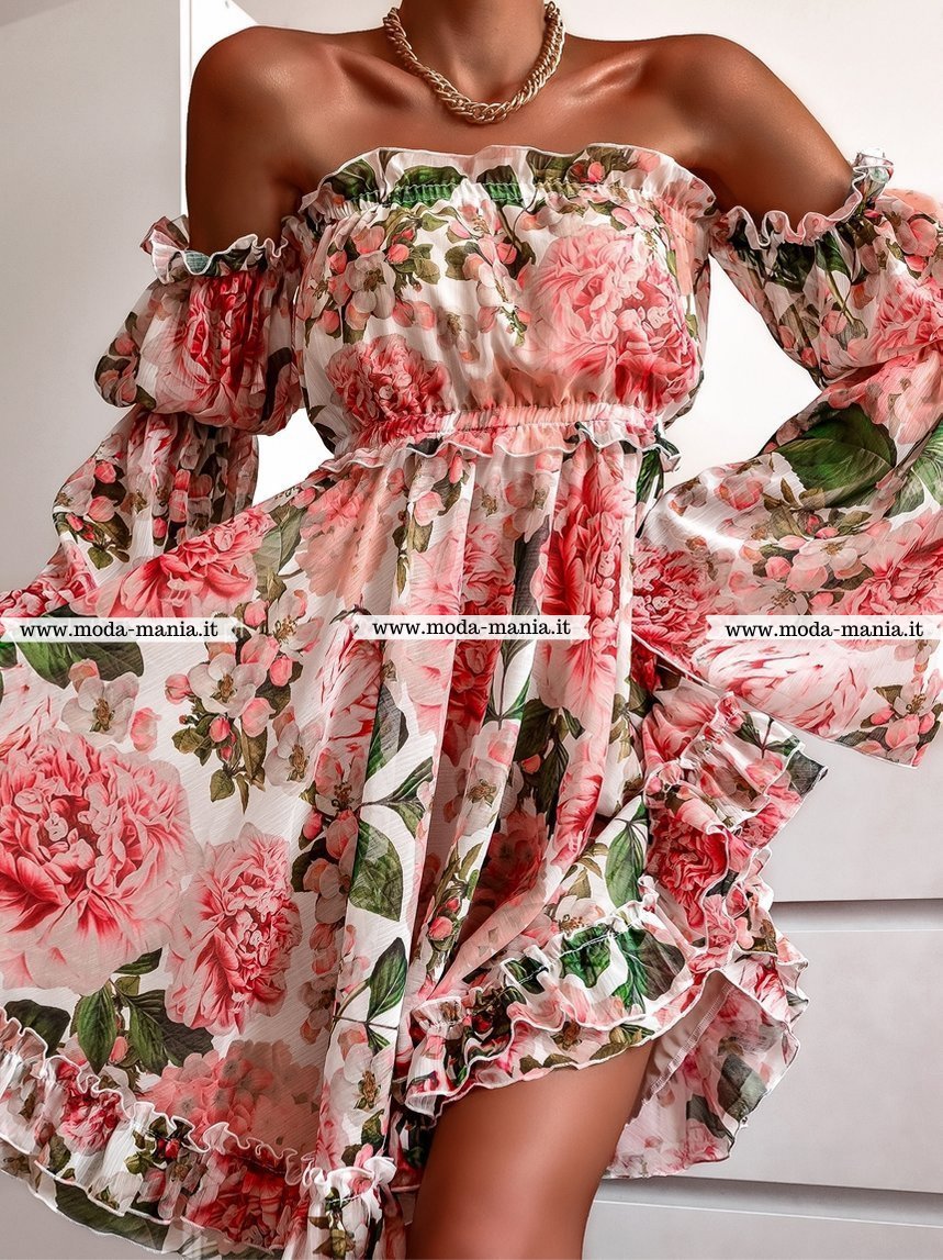Abito estivo Moda-Mania a fantasia floreale verde e rossa, maniche lunghe larghe e apertura sul dietro.
