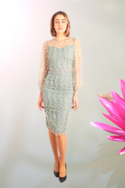 Abito a tubino aderente in tulle verde acqua con fantasia floreale e maniche lunghe, moda Mania, abiti corti elegante femminile