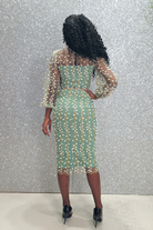 Abito a tubino aderente in tulle verde acqua con fantasia floreale e maniche lunghe, moda-Mania, abiti corti elegante.