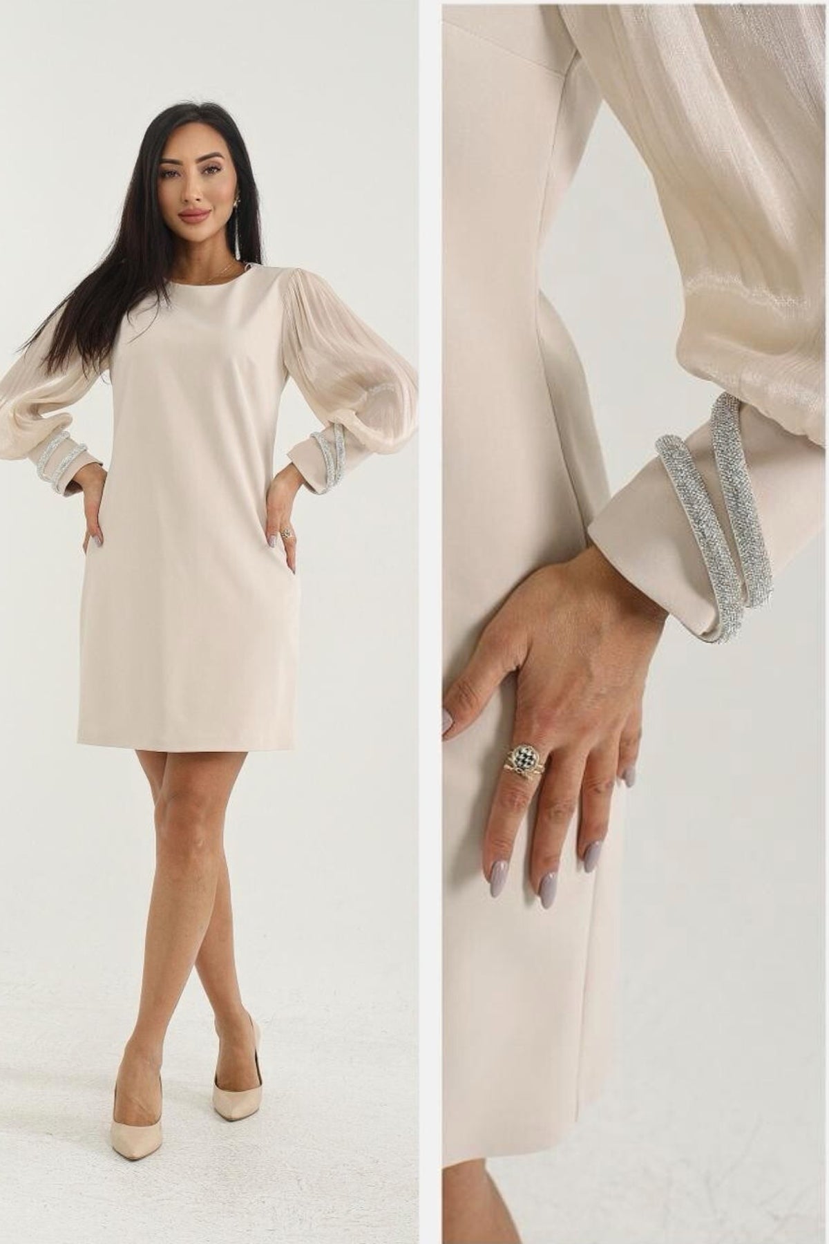 Abito beige corto linea dritta con maniche a sbuffo e bracciali a spirale in strass argento, Moda-Mania, elegante e alla moda.