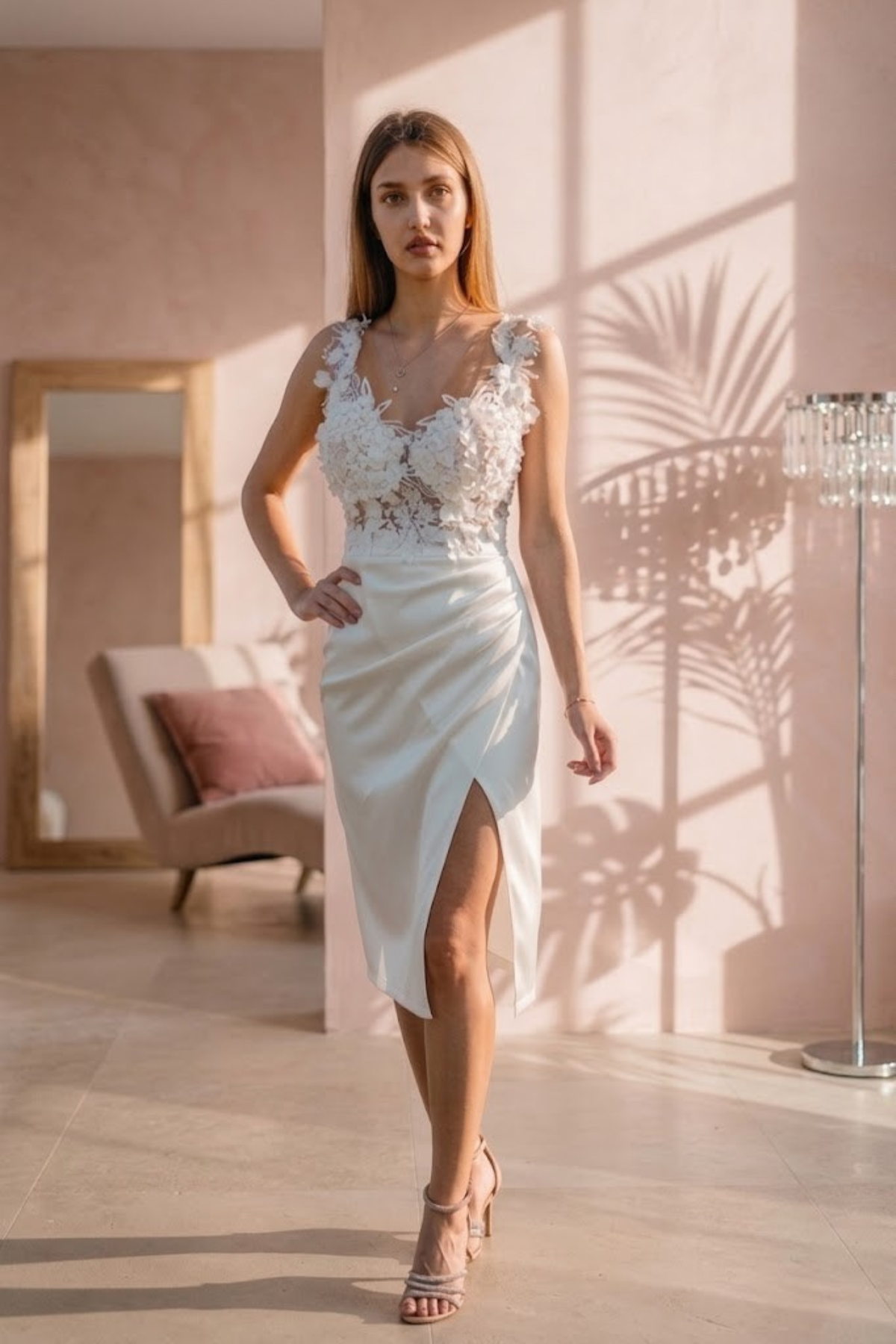 Abito bianco corto Moda-Mania con gonna a tulipano e corpetto a fiori 3D, maniche tre quarti, dettagli eleganti e femminili.
