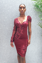 Abito corto a tubino mono manica Chanttal con bordo e inserto in tulle ricamato a fiori 3D, elegante e femminile.