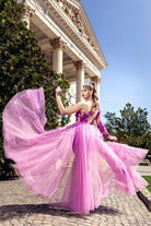 Abito corto fucsia a fiori 3D con manica mono e gonna lunga in tulle ampia, moda-mania, abiti corti elegante e femminile
