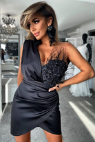 Abito corto nero Axa Moda-Mania con corpetto a fiori 3D e gonna a tulipano in taffetà, elegante e femminile