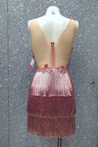 Abito corto rosa Moda-Mania con corpetto a fiori 3D e gonna in frange decorativa, stile elegante e femminile.