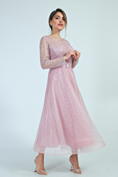 Abito da cerimonia midi in tulle lame e chiffon rosa con corpetto decorato di brillantini e perle strass Moda Mania