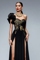 Abito elegante nero Bby con corpetto a cuore applicazione ricami dorati e spacchi profondi laterali