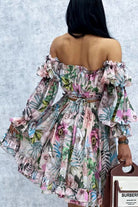 Abito estivo bianco avorio Moda-Mania con fantasia floreale, apertura dietro e maniche lunghe rimovibili, abiti corti femminili