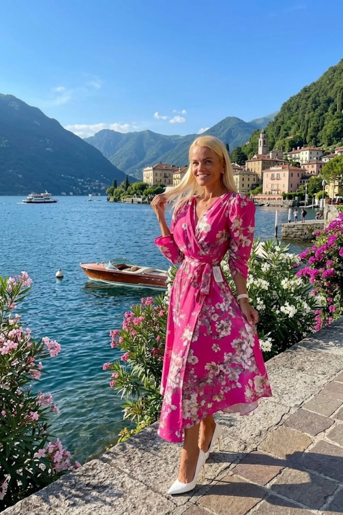 Abito midi fucsia svasato con fantasia floreale, maniche a sbuffo e allacciatura in vita, marca Moda-Mania.