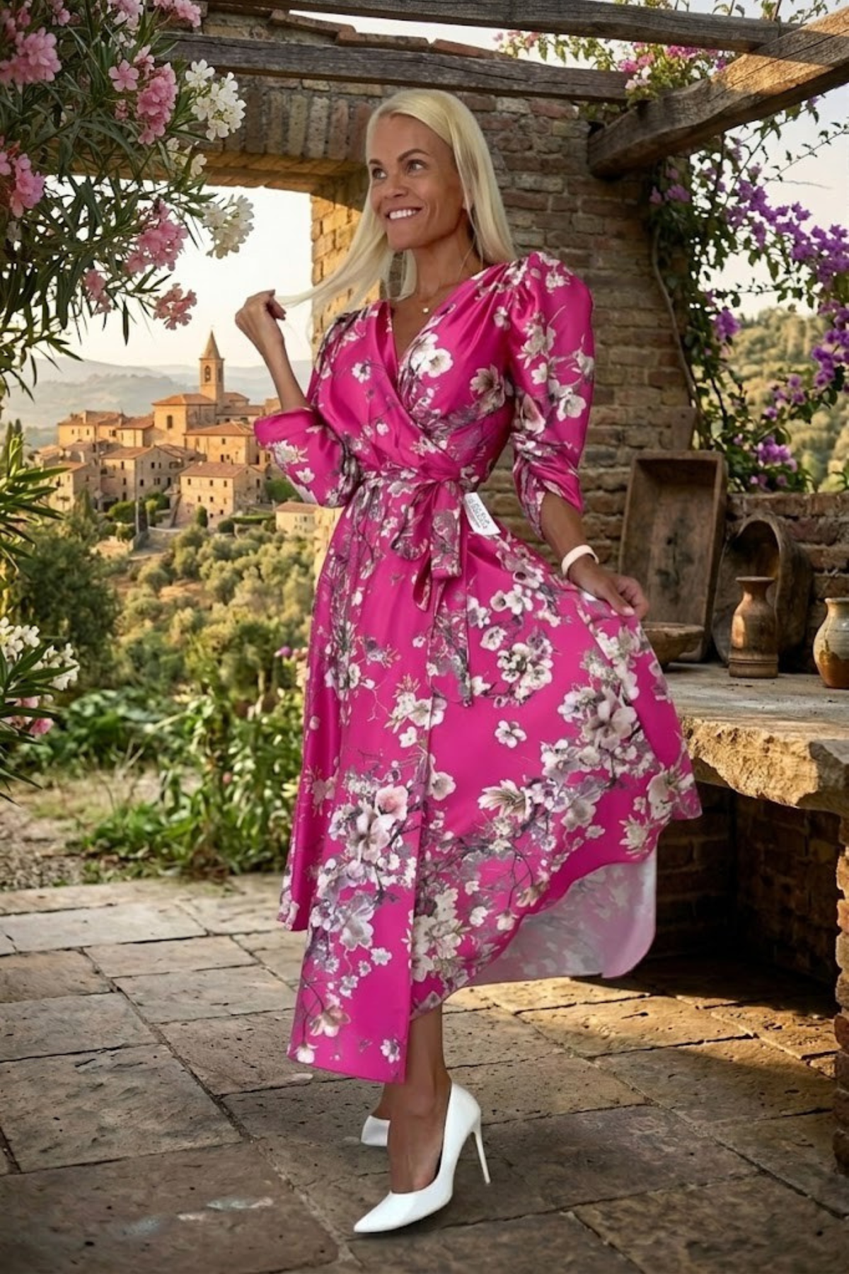 Abito midi fucsia svasato con fantasia floreale, maniche a sbuffo e allacciatura in vita, prodotto da Moda-Mania
