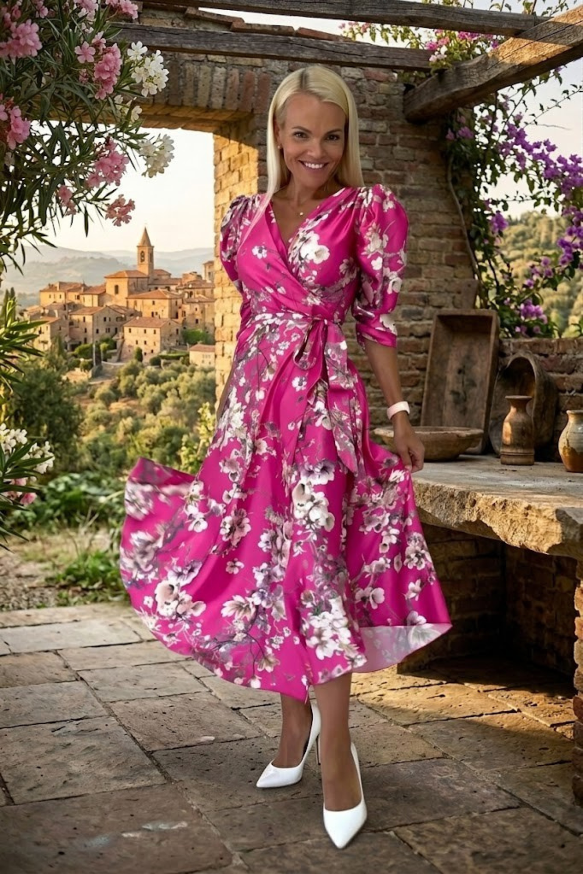 Abito midi fucsia svasato con fantasia floreale, maniche a sbuffo e cintura allacciabile in vita, marca Moda-Mania.