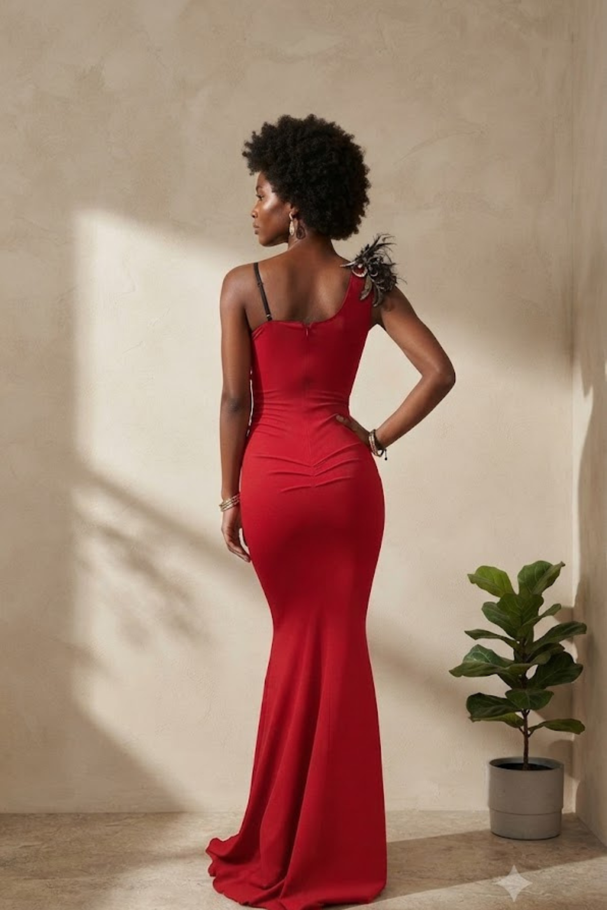 Abito lungo a sirena rosso Chanttal con inserto in tulle ricamato e dettagli di piume decorative, elegante e sofisticato.