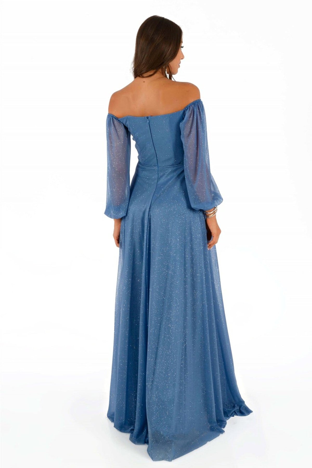 Abito lungo blu celeste in tessuto glitterato con maniche lunghe, da donna, firmato Moda-Mania, vestito elegante e di tendenza